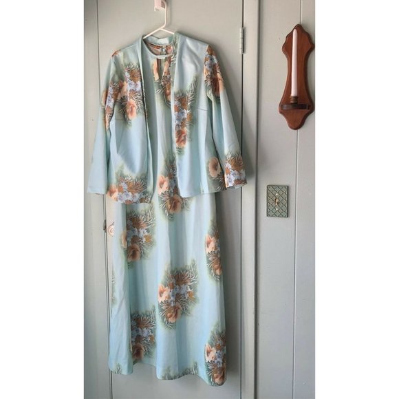 Vintage long maxi dress tropical floral fabric polyester 2 piece with jacket - Picture 1 of 9